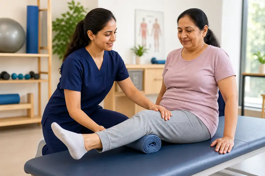 Lady physiotherapist guiding an older patient through gentle knee arthritis mobility exercises
