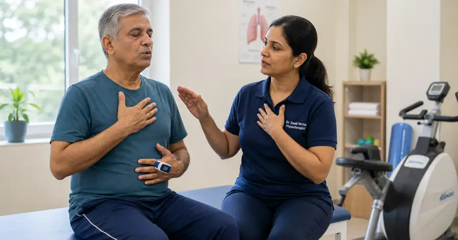 Lady physiotherapist guiding an older patient through breathing exercises for cardiopulmonary rehabilitation