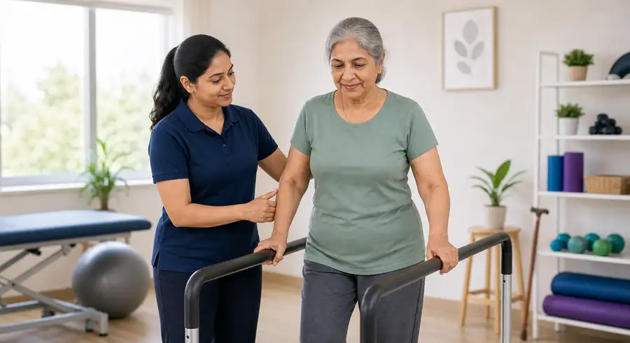 Lady physiotherapist guiding a senior patient through safe balance training