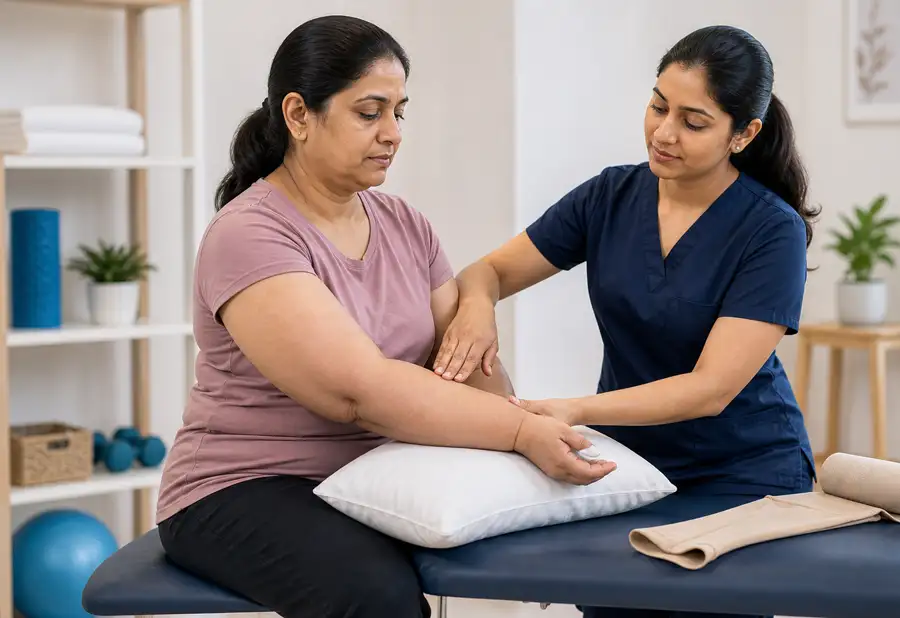 Lady physiotherapist providing gentle lymphatic drainage therapy for limb swelling