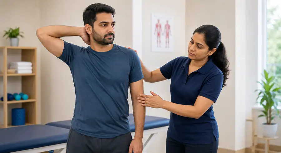 Lady physiotherapist assessing movement with a male patient for recurring pain management