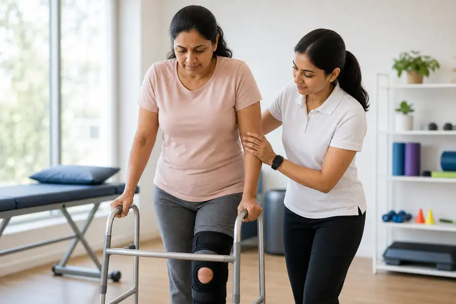 Lady physiotherapist guiding a patient through post-surgical rehabilitation walking practice