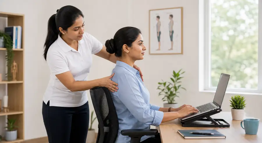 Lady physiotherapist correcting laptop desk posture for an office professional