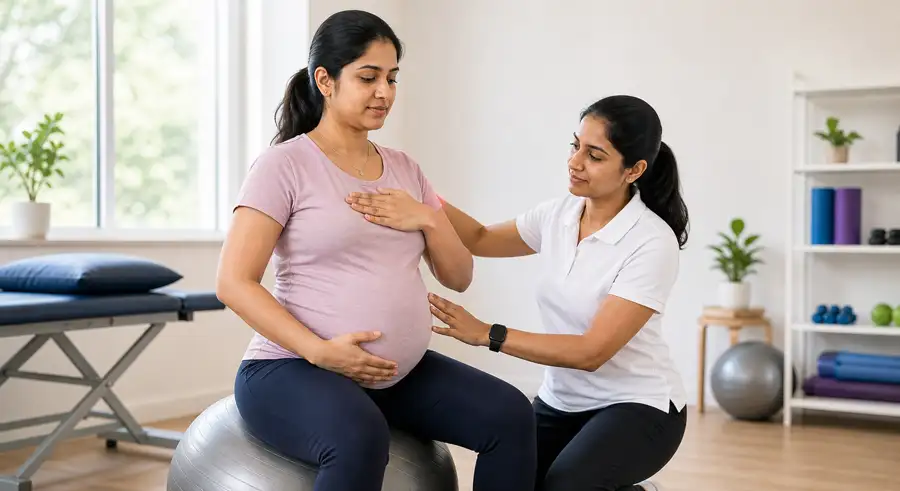 Lady physiotherapist guiding a pregnant patient through pregnancy-safe posture and breathing exercises