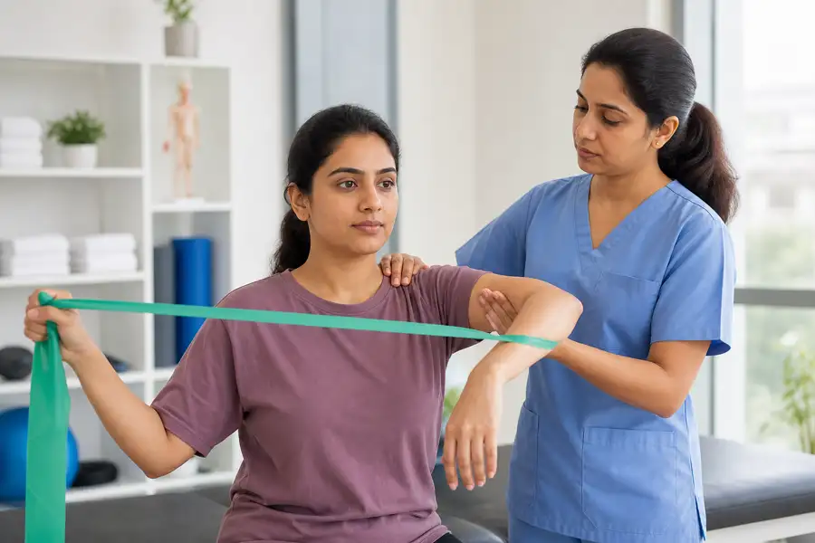 Lady physiotherapist guiding a patient through shoulder rehabilitation exercises