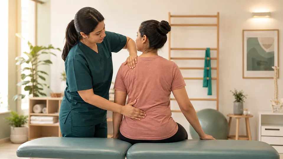 Physiotherapist assessing a patient's back and spine posture
