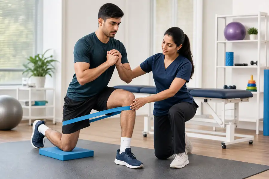 Lady physiotherapist guiding a male athlete through sports injury rehabilitation exercise